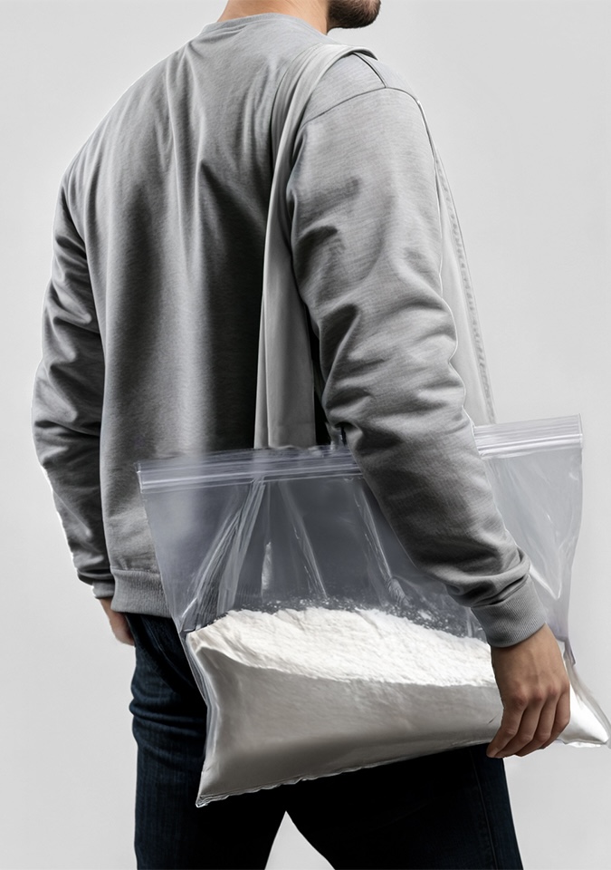 large translucent ziplock bag with mysterious white substance.