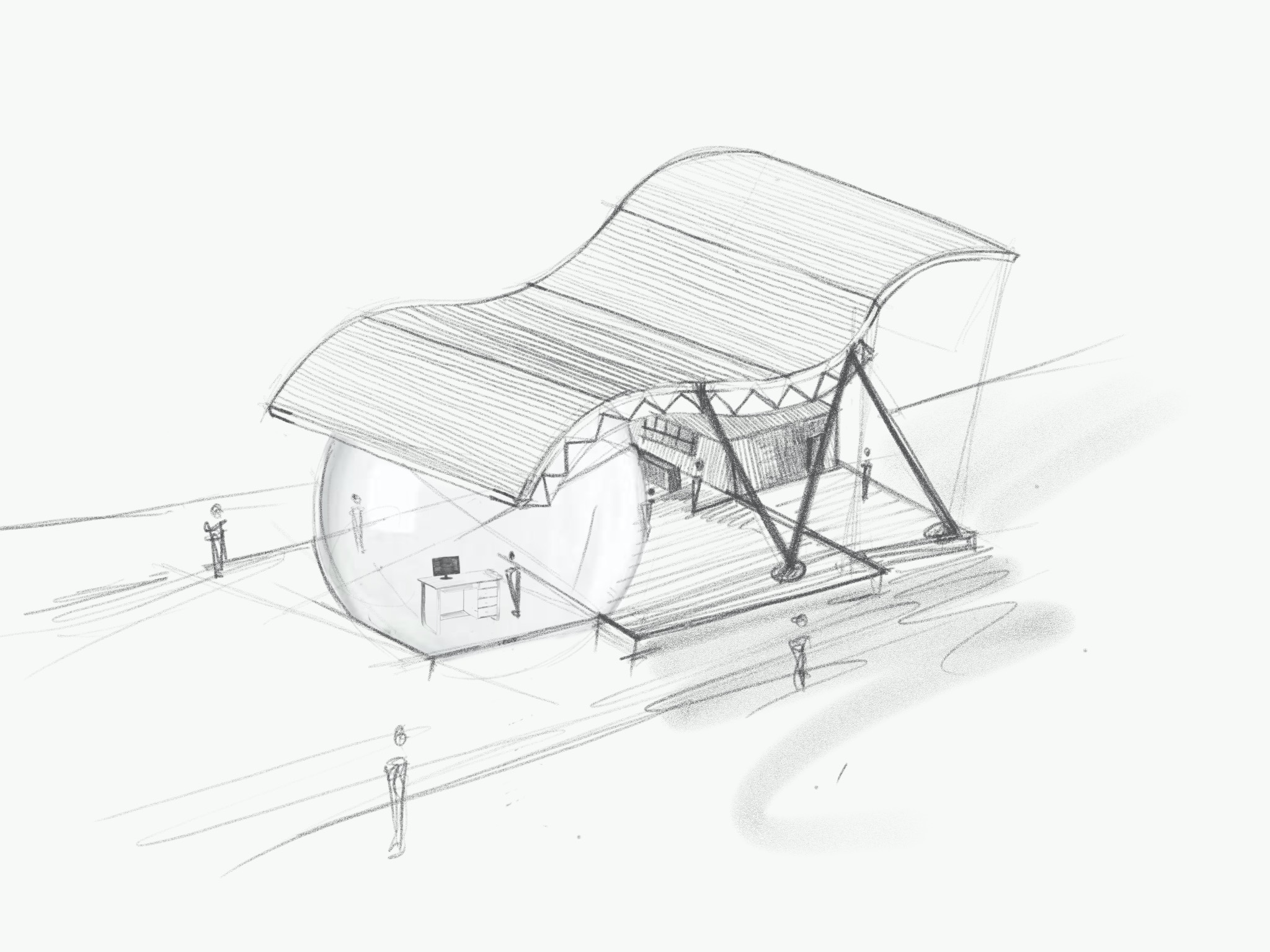 expressionist hand drawing of a glassbowl building with displays and charachters inside